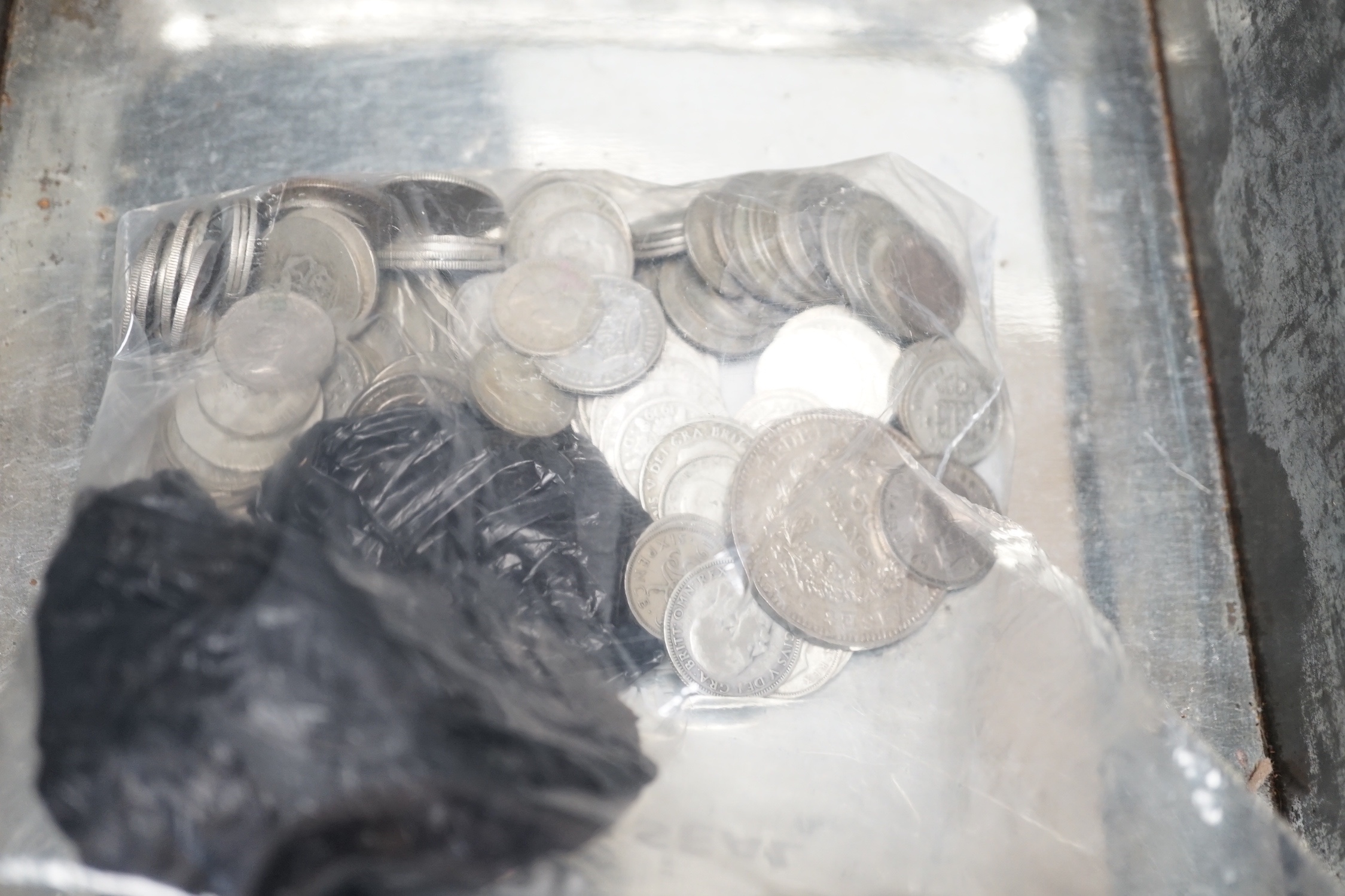 A 1976 French 50 Francs, and a collection of George V to QEII UK florins, shillings and threepence coins